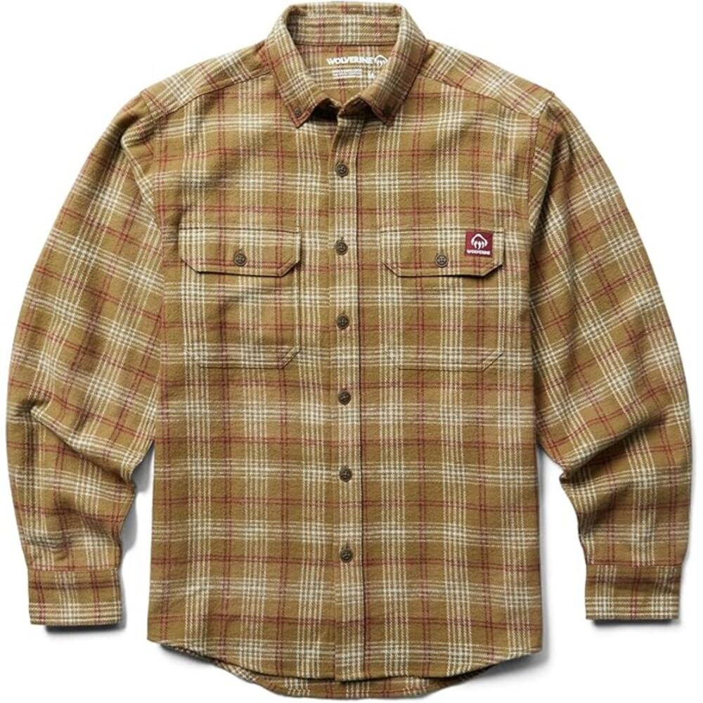 Wolverine Glacier Heavyweight 100% Cotton Flannel Shirt Mens XL Tan and Red